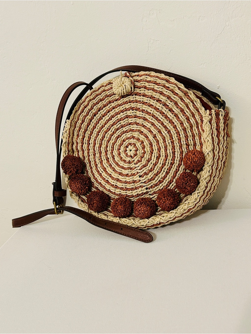 Round Woven Rosetti Pom-Pom Crossbody Bag - Cream & Brown